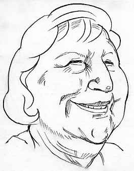 笑い顔斜方向像イラスト 67歳女コーカソイド ペン画で人物表情たまに