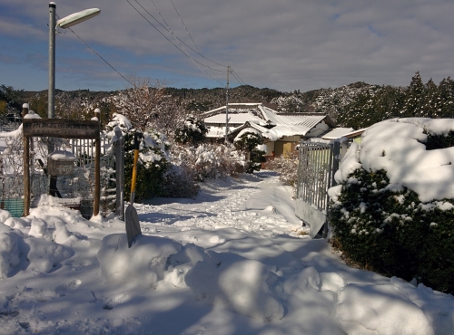門からみた雪の家